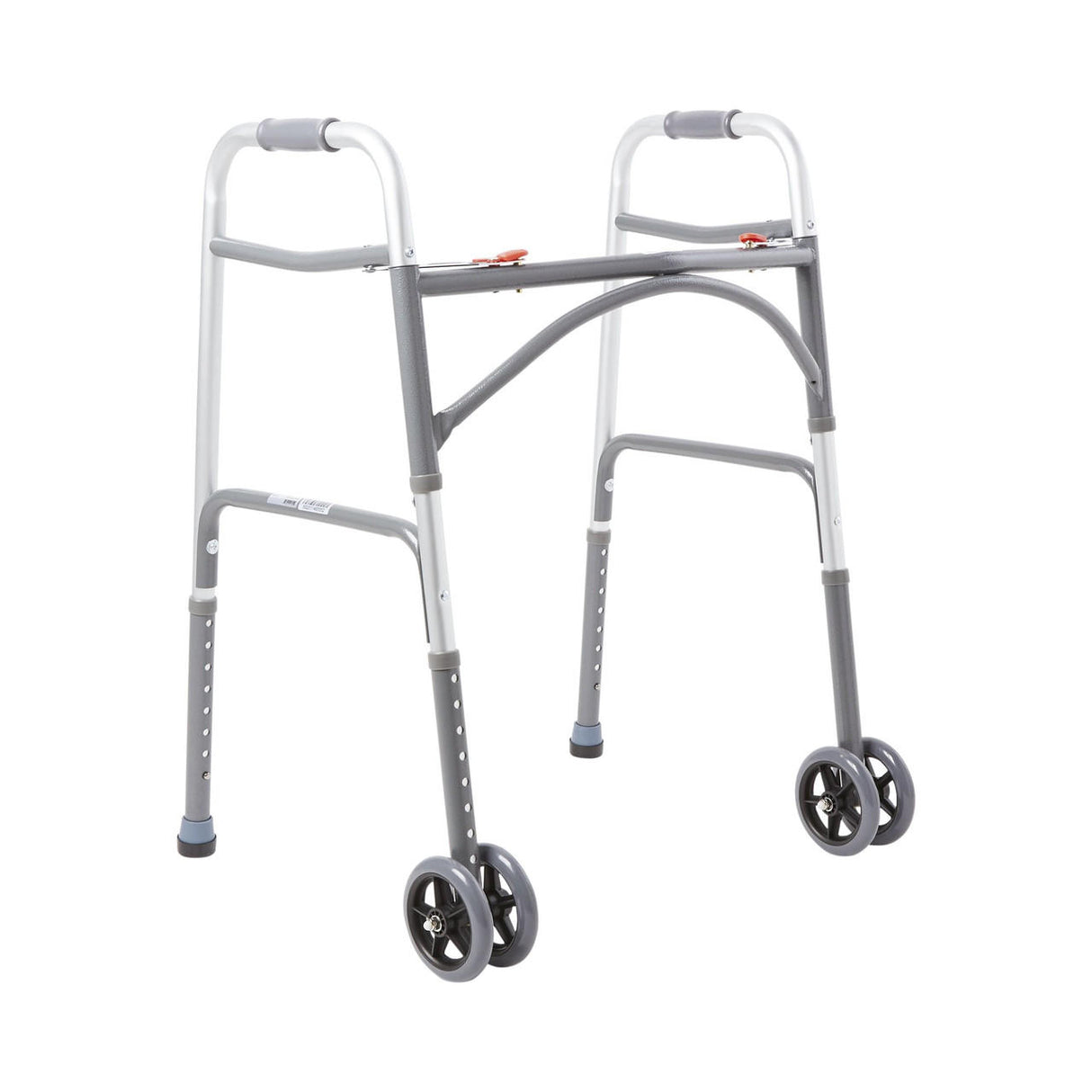 The McKesson Bariatric Folding Walker with Wheels is a lightweight, silver and gray aluminum mobility aid with adjustable legs, two front wheels, and supports up to 500 lbs. Brand: McKesson.