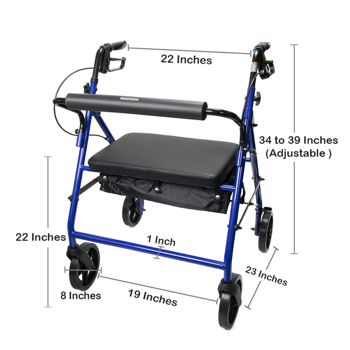 The McKesson Bariatric 4 Wheel Folding Heavy Duty Steel Rollator features a padded seat, storage pouch, 8 wheels, adjustable height (34–39), and measures 22 wide, 22 seat height, and 19 between back wheels. Brand: McKesson.