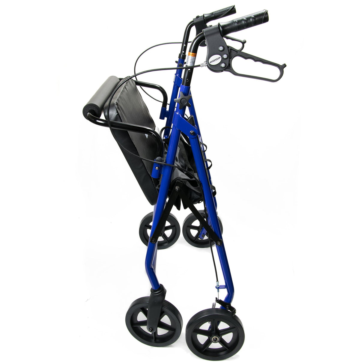 A side view of the McKesson Bariatric 4 Wheel Folding Heavy Duty Steel Rollator shows a blue frame, four wheels, black hand grips with brakes, and a black seat and backrest—designed by McKesson for enhanced mobility assistance.
