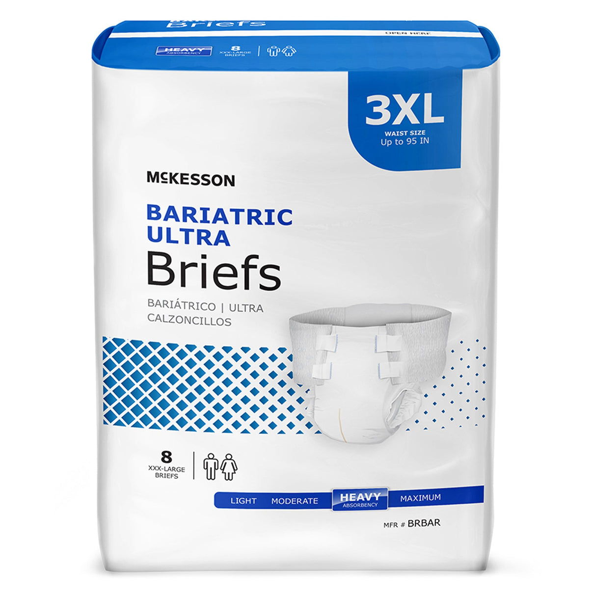 A package of McKesson Bariatric Ultra Briefs, 3XL, contains 8 ultra absorbency disposable adult diapers for waist sizes up to 95 inches. The McKesson brand packaging features an image of the product on the front.