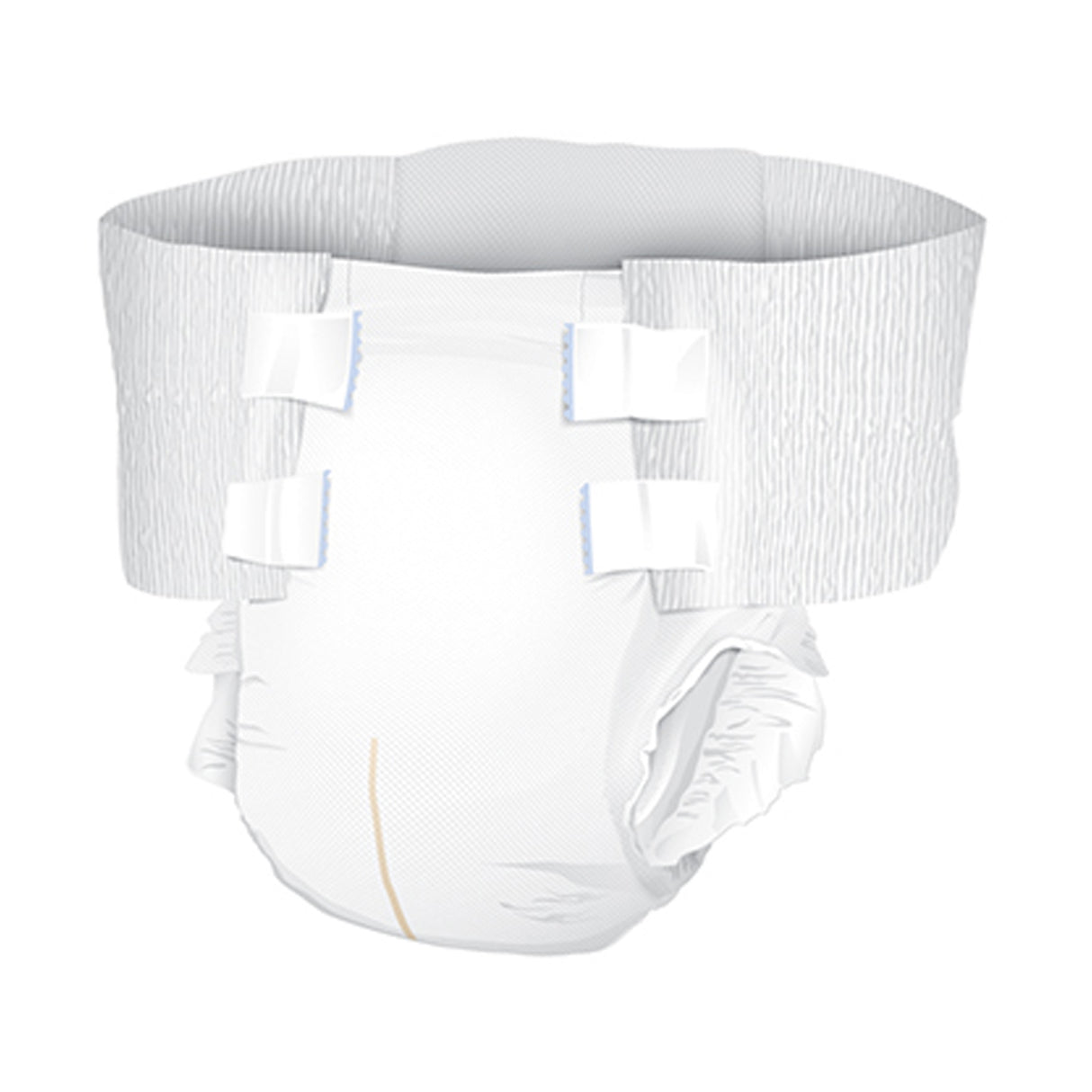 McKesson Bariatric Ultra Briefs, 3XL: disposable baby diaper style with ultra absorbency, adjustable adhesive tabs, elastic leg cuffs, and a white design featuring a faint yellow wetness indicator line.
