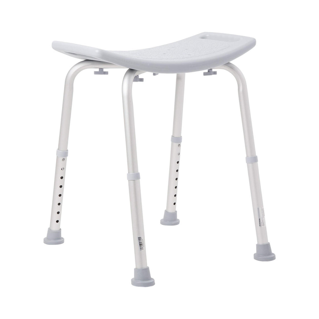 The McKesson Bath Bench by McKesson is a lightweight white shower chair with fixed handles, no backrest, four metal legs with rubber tips for stability, and a curved seat with drainage holes for safe, comfortable bathing.