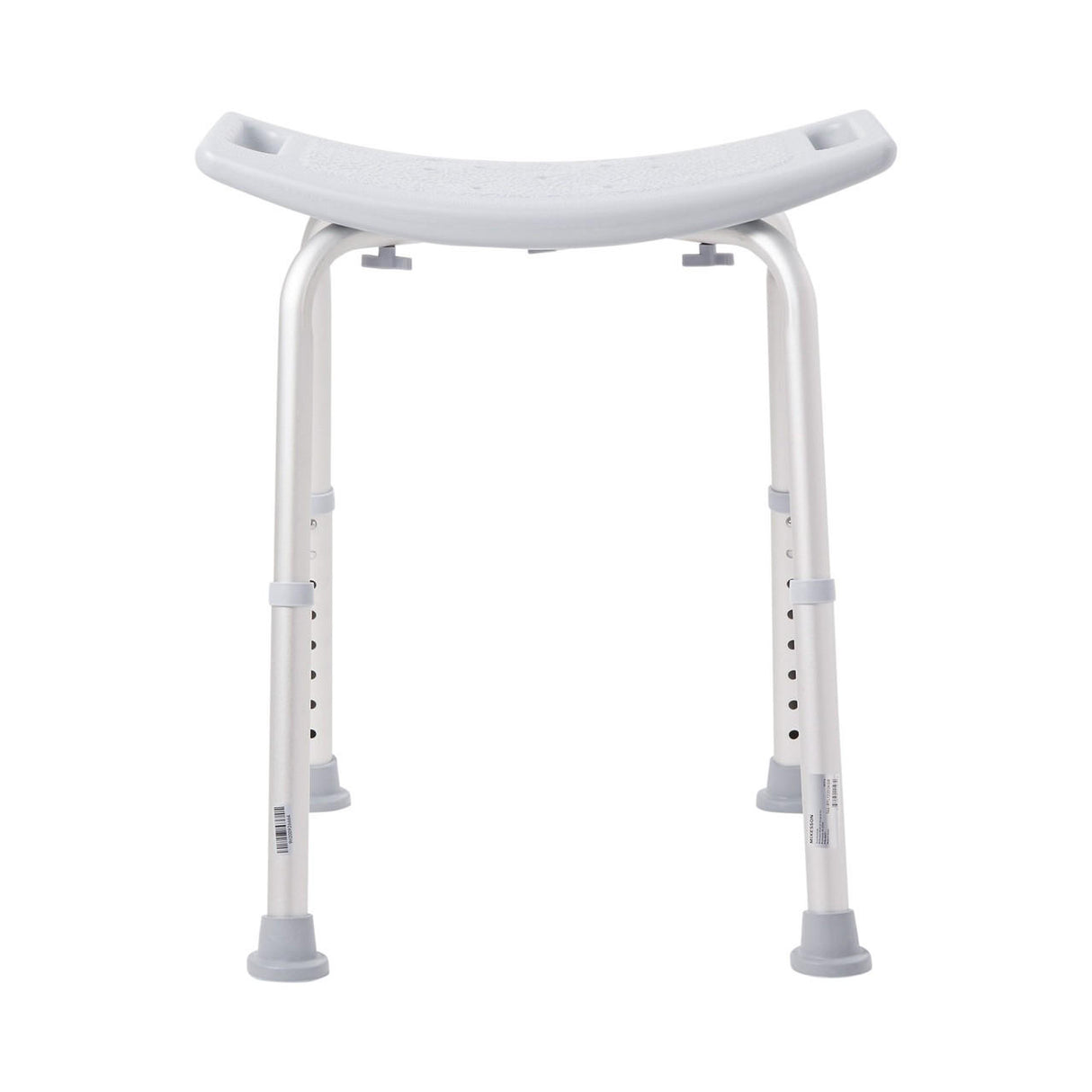 The McKesson Bath Bench by McKesson is a white, height-adjustable, lightweight shower stool with a curved seat, fixed handle, four rubber-tipped legs, and no backrest—designed for stable and supportive bathing.