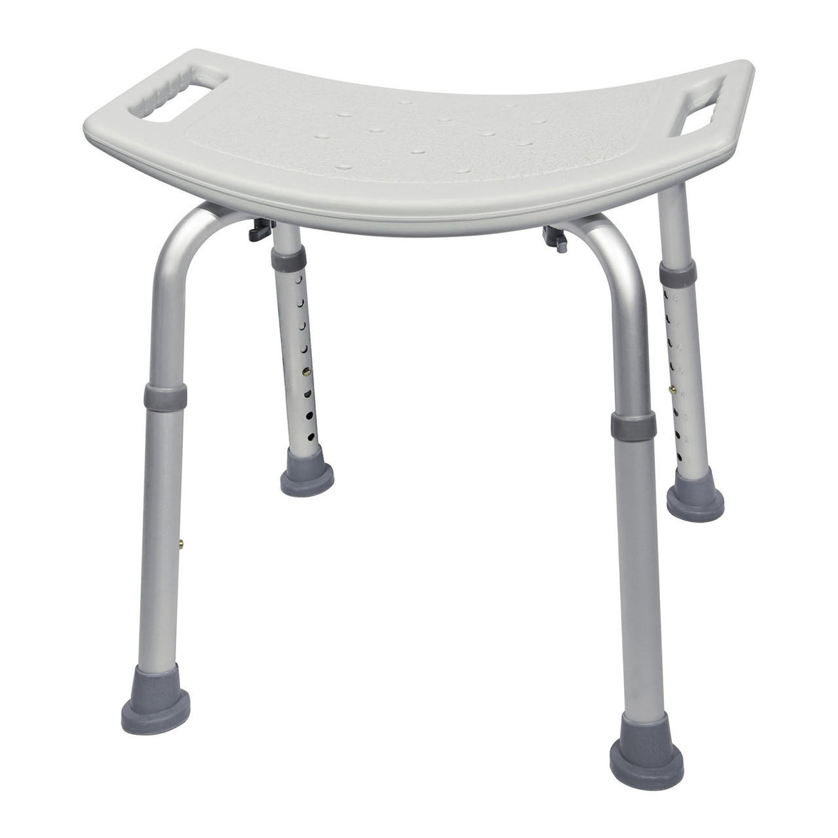 The McKesson Bath Bench features a curved, white, lightweight seat with fixed side handles, four sturdy metal legs, and non-slip rubber feet for stable support. Brand: McKesson. No backrest included.