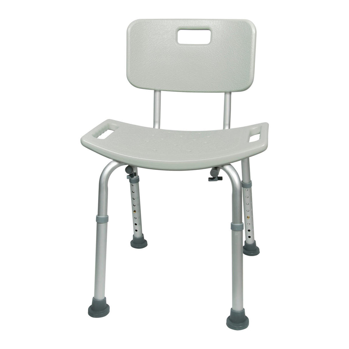 The McKesson Bath Bench features a light gray aluminum frame, adjustable metal legs, non-slip rubber feet, side handles, and a removable backrest with a rectangular cut-out handle for easy carrying. Brand: McKesson.