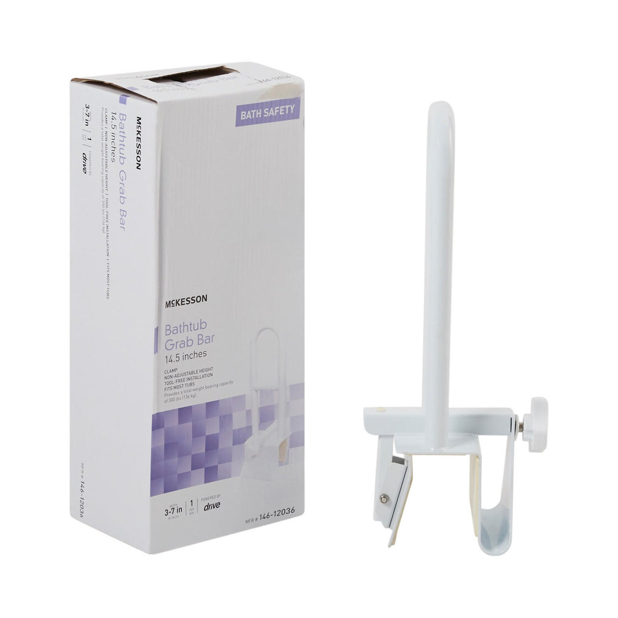 A white adjustable tub rail with a vertical handle is displayed beside its box labeled “McKesson Bath Safety Grab Bar,” by McKesson, measuring 14.5 inches and designed for safe, supportive use in the bath.
