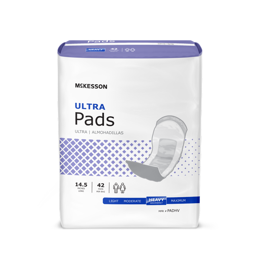 A pack of McKesson Bladder Control Pads, Ultra by McKesson for heavy absorbency with leak protection and contoured shape. Pack includes 42 pads, each 14.5 inches long, designed for maximum protection. Image of the pad included.