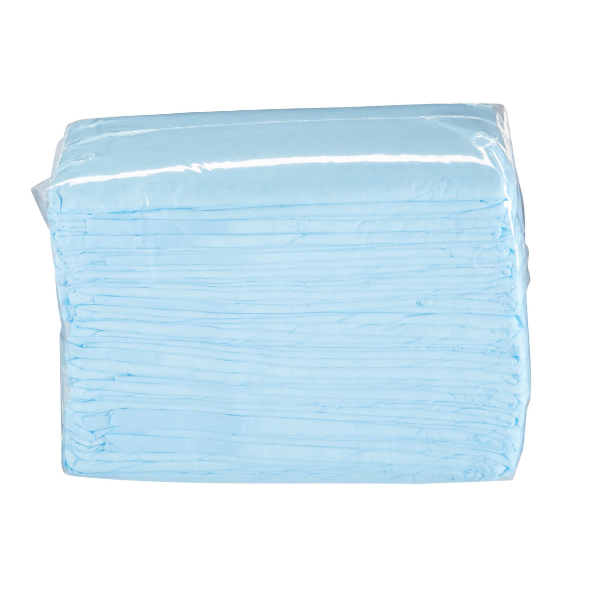 A plastic-wrapped stack of McKesson Classic Plus Underpads in light blue, neatly folded and shown against a white background—ideal for wound care or light absorbency.