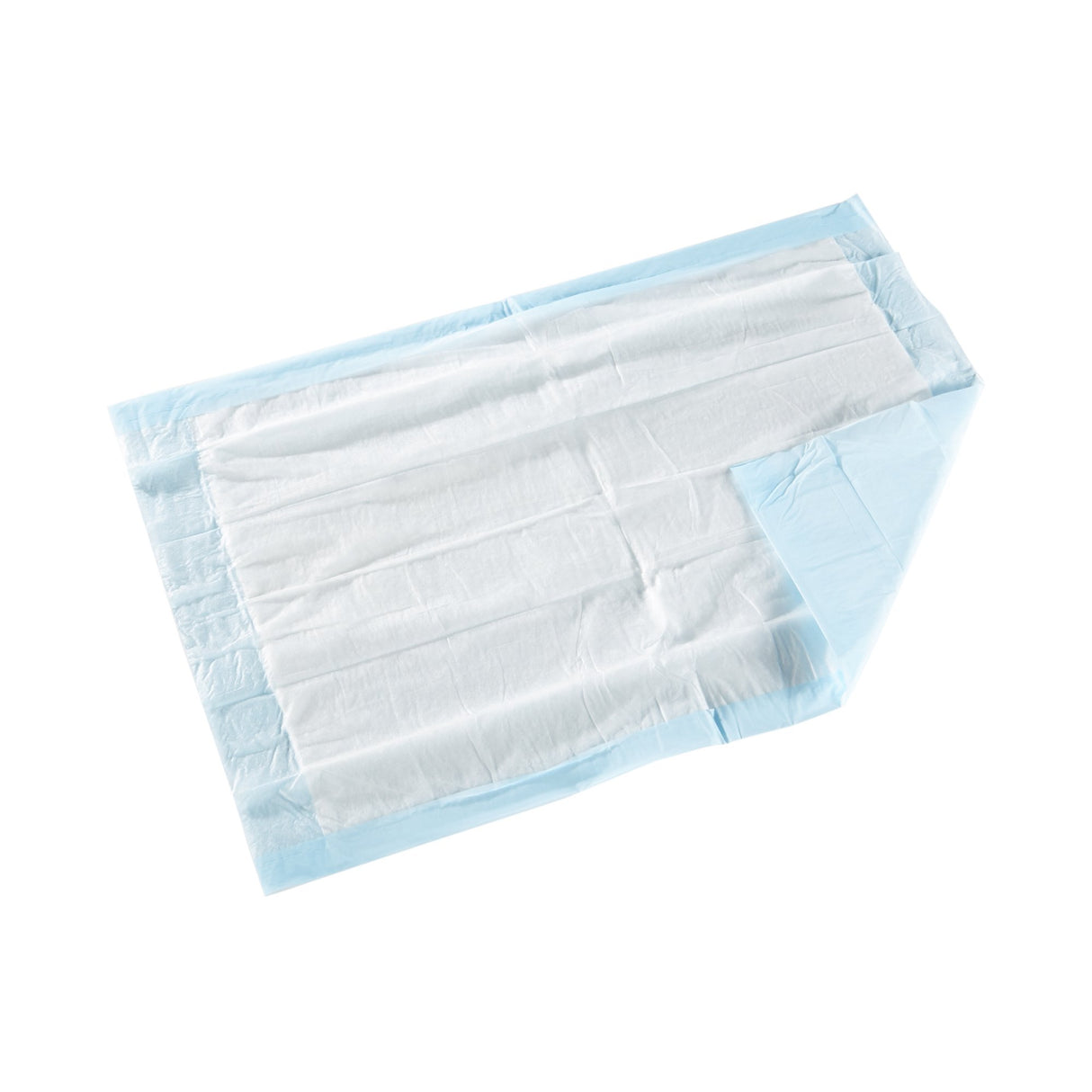 The McKesson Classic Plus Underpads by McKesson are disposable, light absorbency pads with a white absorbent center and blue waterproof edges; shown flat on a white background with one corner partially folded.