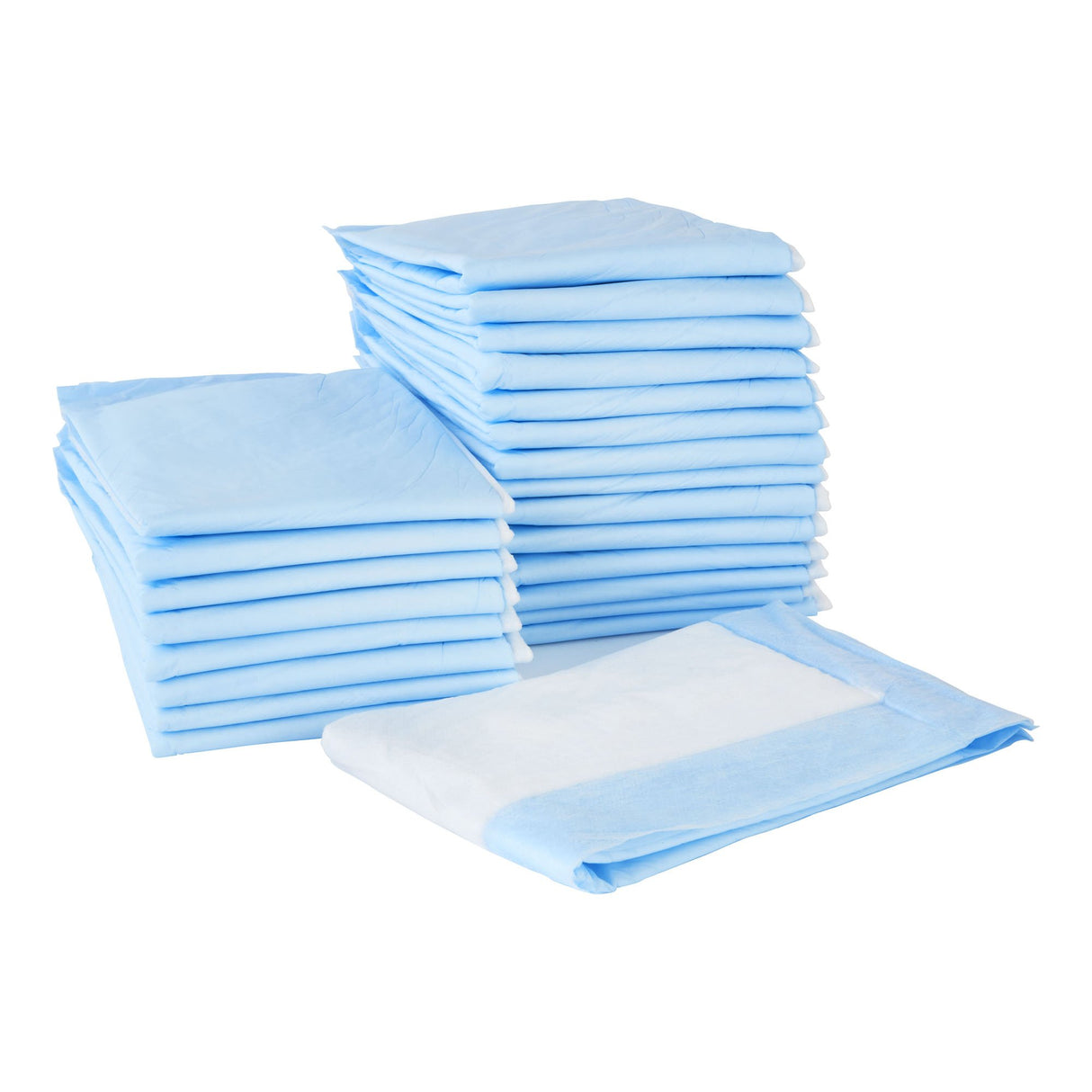 Stacks of McKesson Classic Plus Underpads with light absorbency are arranged on a white background, one unfolded in front—ideal for wound care.