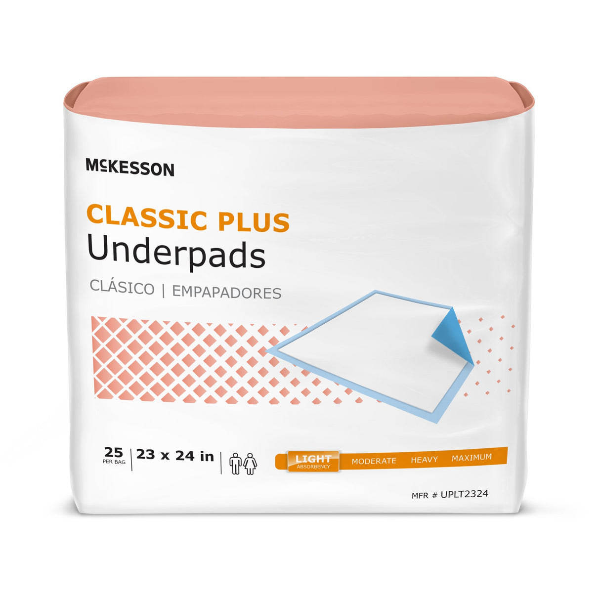 A pack of 25 McKesson Classic Plus Underpads, 23 x 24 in., with light absorbency. The mostly white packaging features orange accents and an underpad illustration—ideal for wound care. Brand: McKesson.