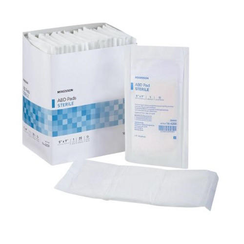 A box of McKesson Combine ABD Abdominal Pad, Nonwoven Cellulose, Sterile is shown with an individual sterile pad in front and one unfolded, highly absorbent dressing displayed in the foreground.
