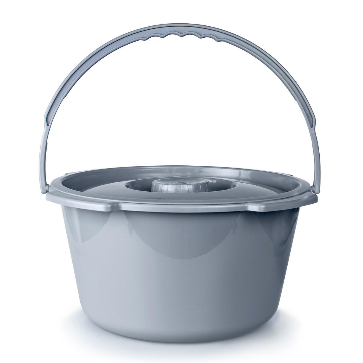 The McKesson Commode Bucket by McKesson is a gray plastic replacement bucket with a lid and sturdy curved handle. Its smooth, shiny surface adds convenience. FSA-eligible and pictured on a plain white background.