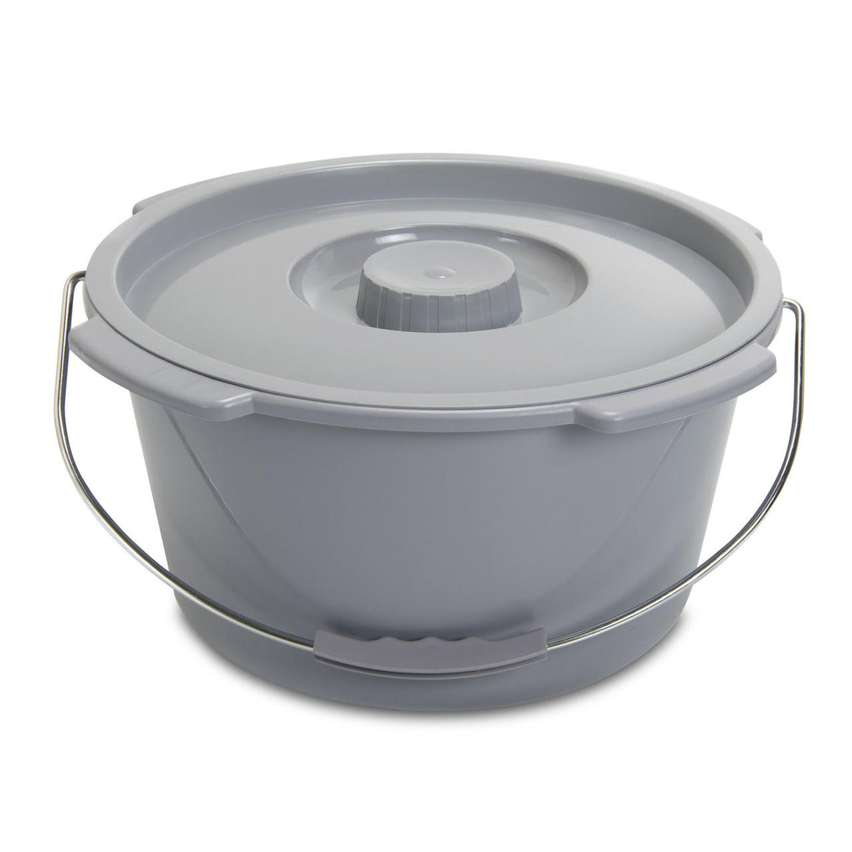 The McKesson Commode Bucket is a round, gray plastic bucket with a fitted lid and metal handle with plastic grip; ideal as a replacement and FSA-eligible. Brand: McKesson.