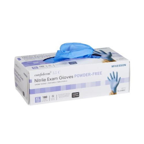 A box of McKesson Confiderm 3.5C Nitrile Exam Gloves by McKesson, size XL, with a pair of blue chemo drug-tested gloves partially pulled out from the top opening.