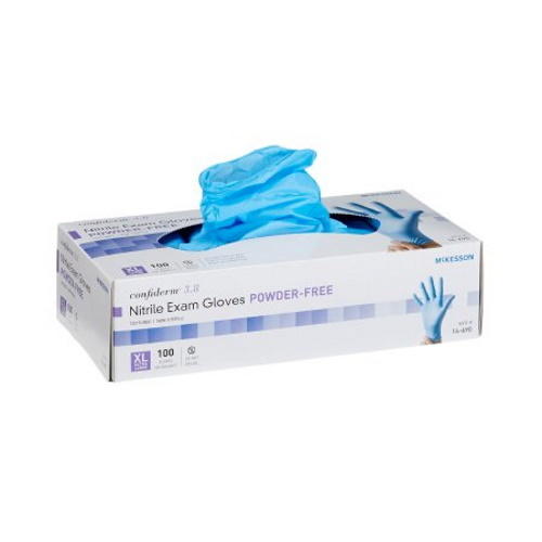 A box of McKesson Confiderm 3.8 Nitrile Exam Gloves Powder Free (XL, 100 count), featuring textured fingertips and latex-free material, is pictured with one blue glove partially pulled out from the top.