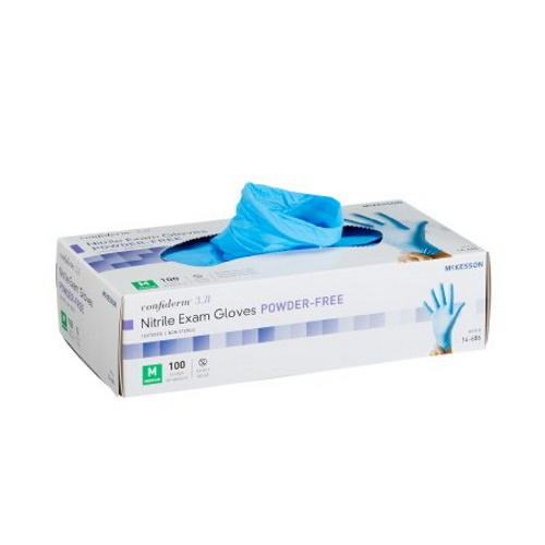 A box of McKesson Confiderm 3.8 Nitrile Exam Gloves Powder Free, size medium, with one blue glove partially pulled out. These textured, latex-free gloves by McKesson come in a box of 100 and offer improved grip.