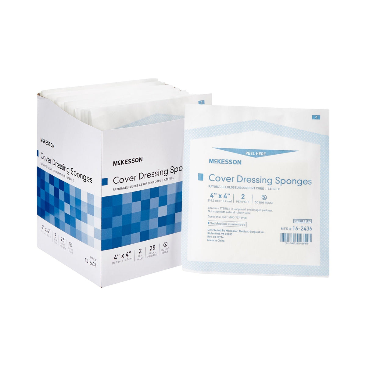 McKesson Cover Dressing Sponges, Rayon/Cellulose, Sterile, 4" x 4", 2 per Pack - 16-2436-Box - LL Medico