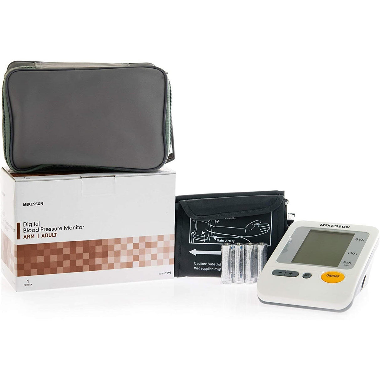 The McKesson Digital Blood Pressure Monitor includes a gray carrying case, monitor, arm cuff, four AA batteries, and product box—making it an ideal automatic blood pressure monitor for home use.