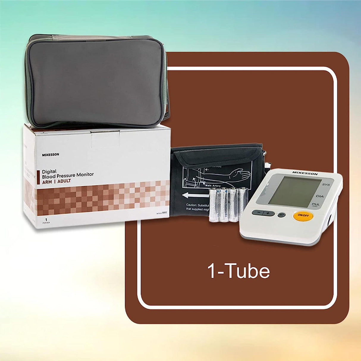 The McKesson Digital Blood Pressure Monitor kit includes a cuff, carrying case, batteries, and manual, all shown next to its box labeled with the brand McKesson and 1-Tube.