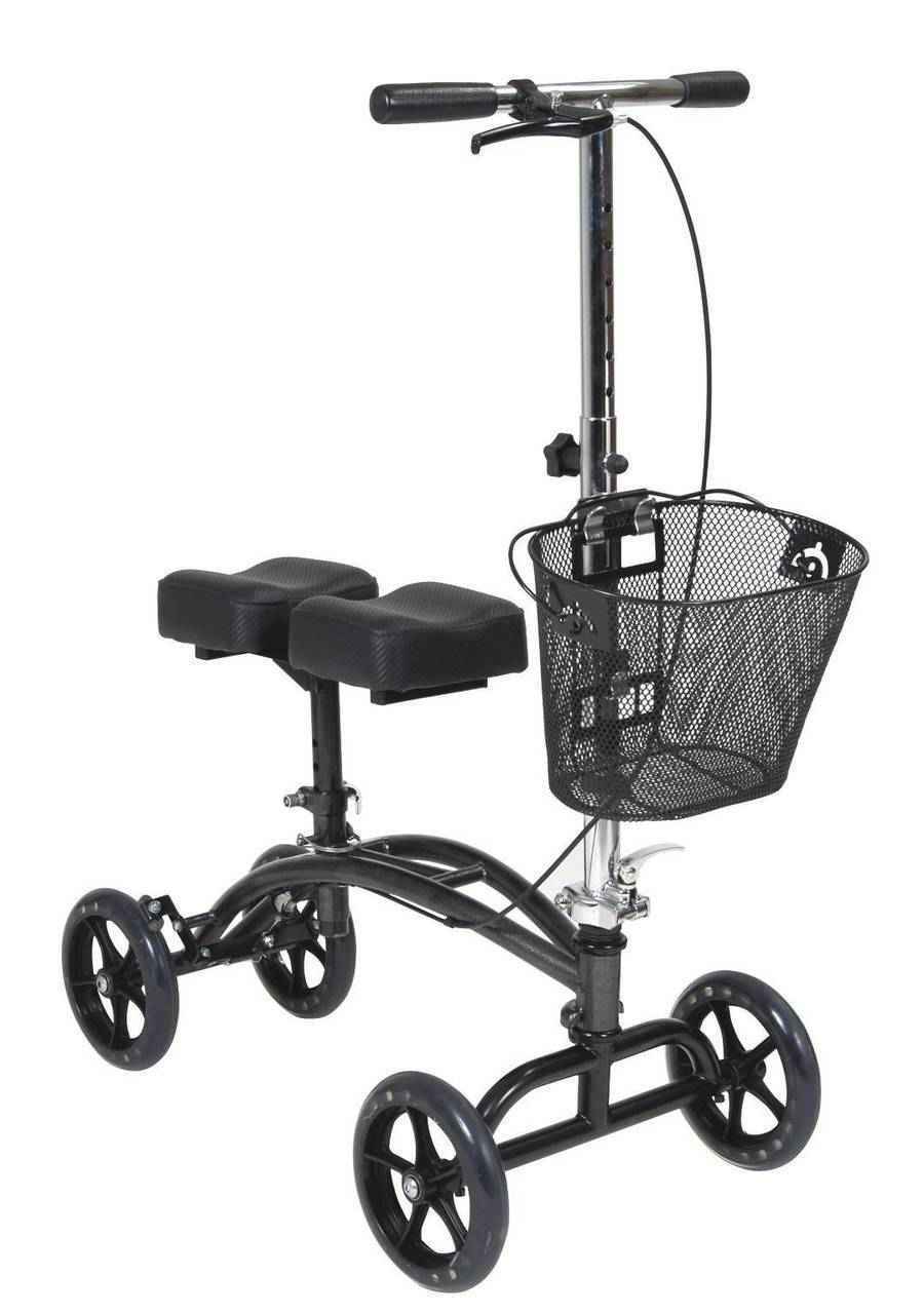 The McKesson Dual Pad Steerable Knee Walker with Basket by McKesson features four wheels, dual padded knee rests, hand brakes on handlebars, and a front metal basket. It provides a pain-free crutch alternative for mobility assistance.
