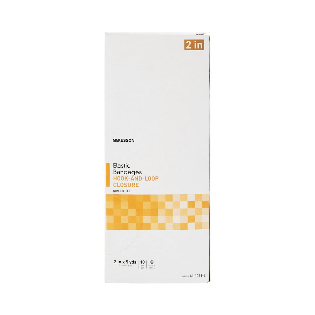 A white box of McKesson Elastic Hook & Loop Bandage, 2 in x 5 yd Roll, Non-Sterile, features an orange and yellow checkered design near the bottom for firm support as a reliable compression bandage.