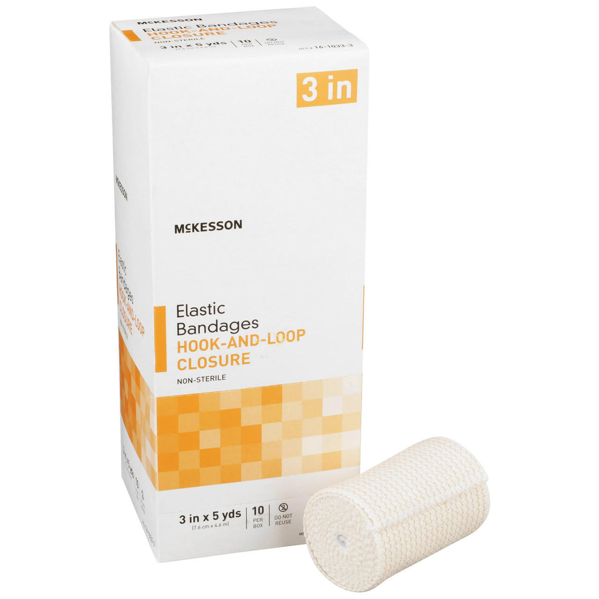 A box of McKesson Elastic Hook & Loop Bandage, 3 in x 5 yd Roll, Non-Sterile is displayed beside a rolled bandage. The white and orange packaging highlights the McKesson brand and details for support with strains and sprains.