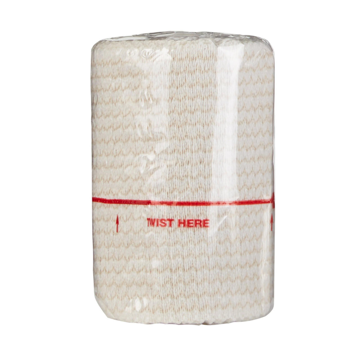 The McKesson Elastic Hook & Loop Bandage, 3 in x 5 yd Roll, Non-Sterile, offers easy support for strains and sprains with clear plastic packaging and a convenient red line marked TWIST HERE for quick application.