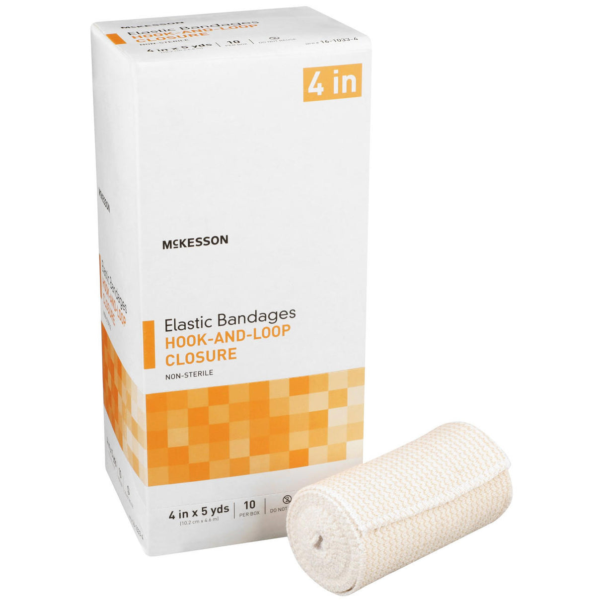 A non-sterile McKesson Elastic Hook & Loop Bandage, 4 in x 5 yd roll, is shown in front of its mostly white box with orange accents.