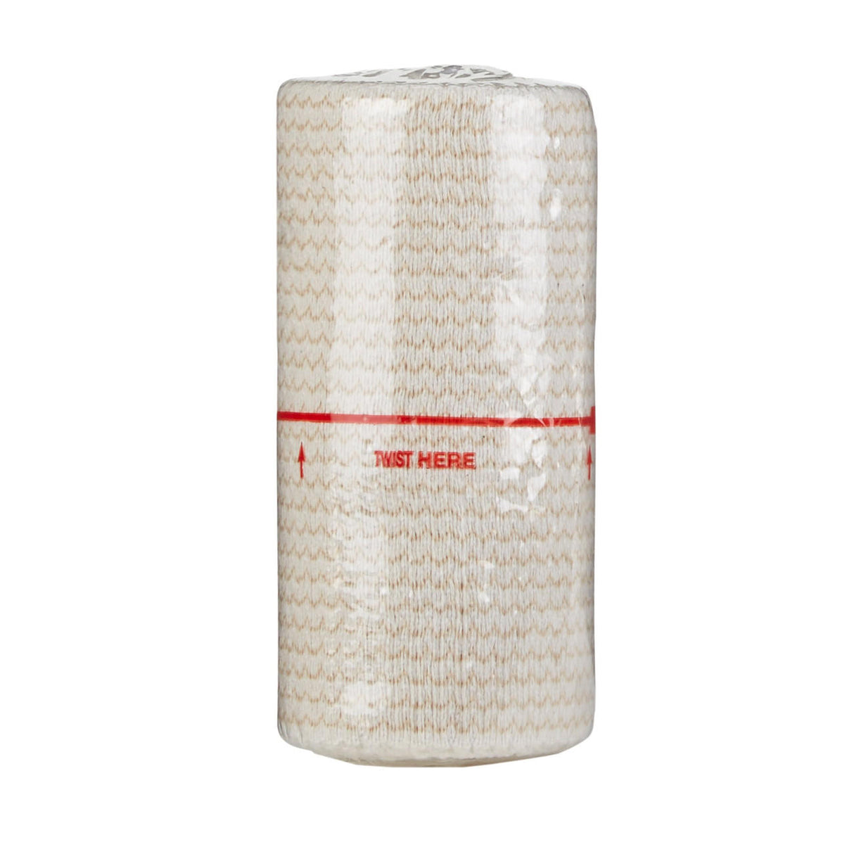 A McKesson Elastic Hook & Loop Bandage, 4 in x 5 yd roll, is wrapped in clear plastic with a red line and “TWIST HERE” printed across the middle.