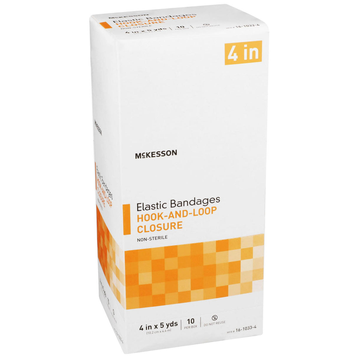 McKesson Elastic Hook & Loop Bandage, 4 in x 5 yd, Non-Sterile—white bandages with orange accents and pixelated pattern, providing reliable compression. Sold in packs of 10.