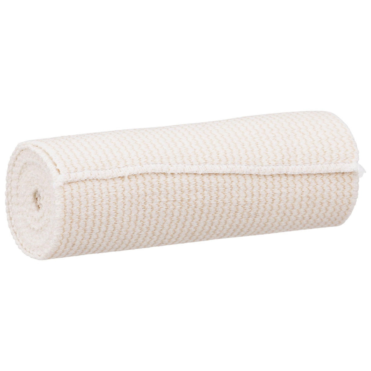 The McKesson Elastic Hook & Loop Bandage, 6 in x 5 yd Roll, Non-Sterile, is an off-white compression bandage with a textured surface, ideal for wrapping injuries or supporting joints and muscles.