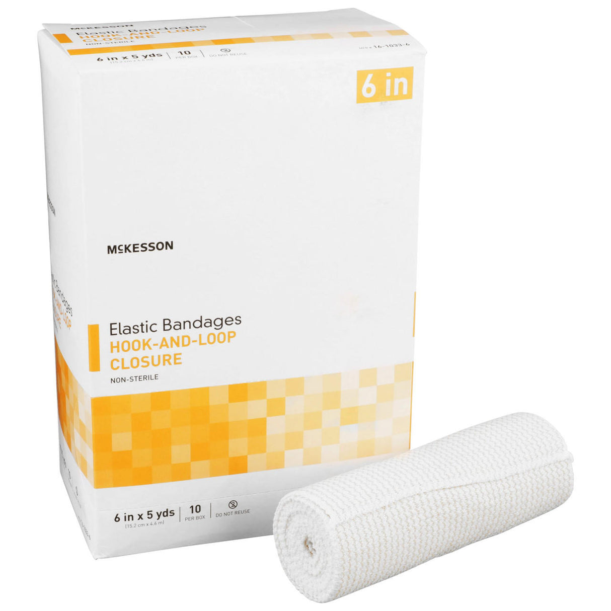 A McKesson Elastic Hook & Loop Bandage, 6 in x 5 yd Roll, Non-Sterile, is displayed beside a rolled white bandage. The box features the McKesson brand with a white design highlighted by yellow accents and checkered patterns.