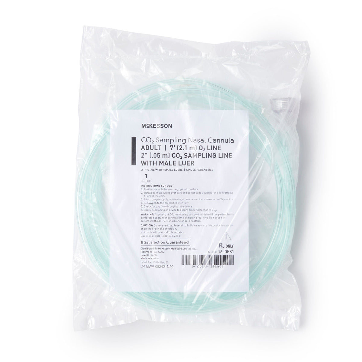McKesson ETCO2 Nasal Cannula with Oxygen Delivery, Adult, Curved Prongs, 7' Tubing - 16-0581-Single - LL Medico