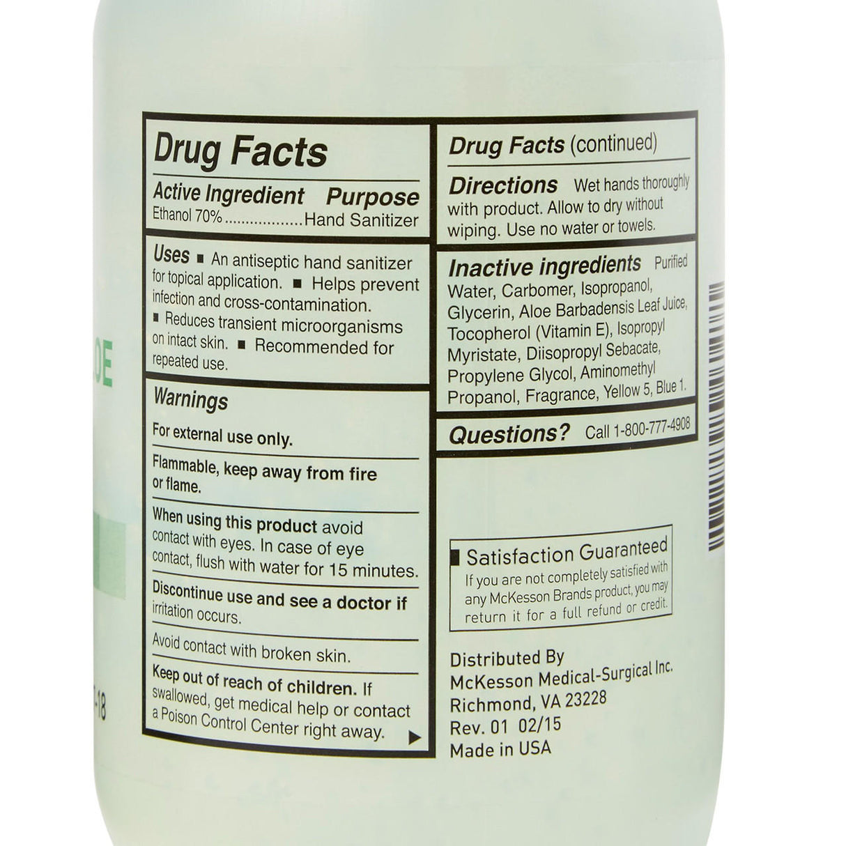 A close-up of a McKesson Ethyl Alcohol Hand Sanitizer w/ Aloe 18 oz pump bottle label shows 70% ethanol as the active ingredient, aloe, drug facts, ingredients, warnings, usage instructions, contact info, and satisfaction guarantee in black on white.