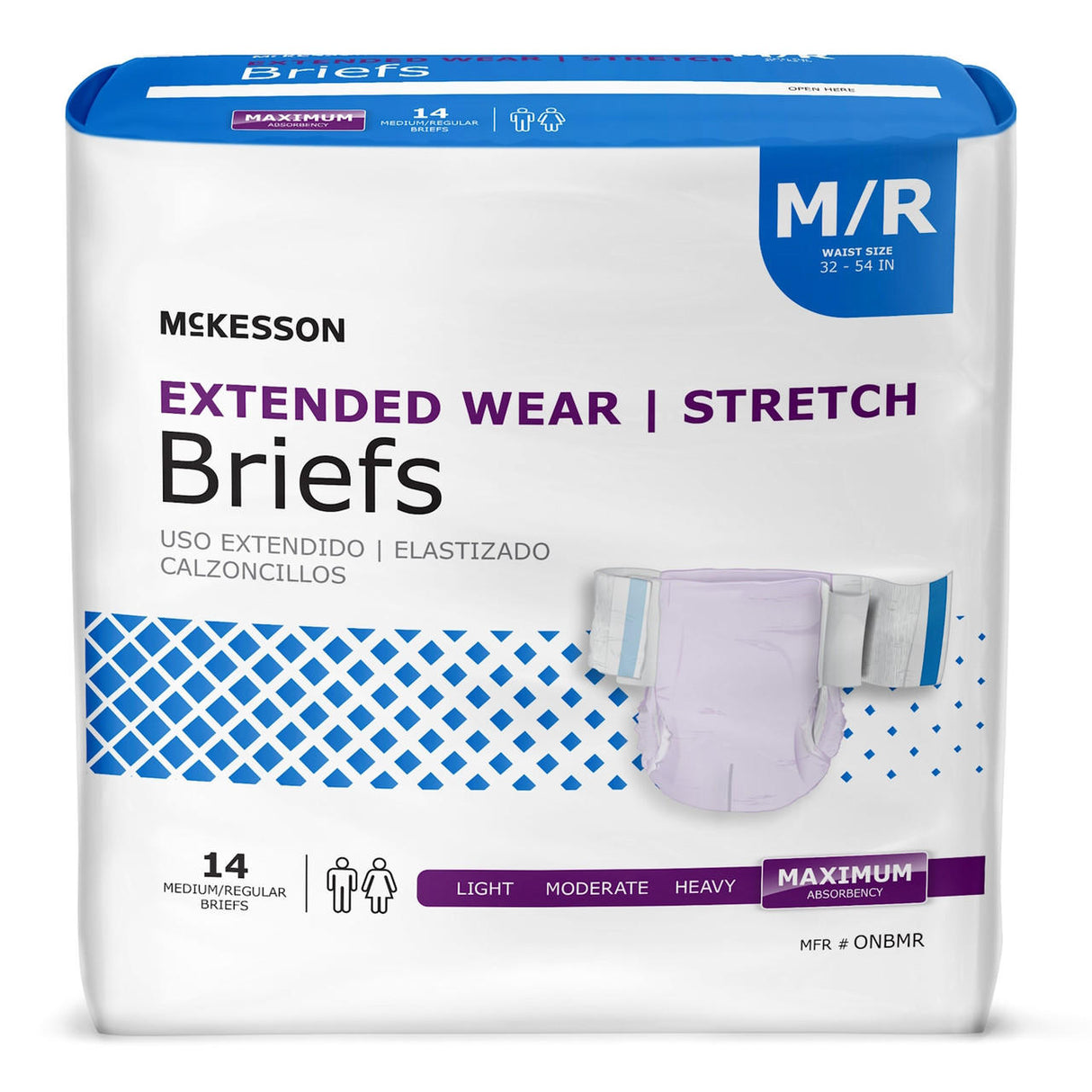 A 14-pack of McKesson Extended Wear Stretch Adult Diapers, medium/regular (32-54 waist), offers maximum absorbency and features an illustration of a brief on the front.