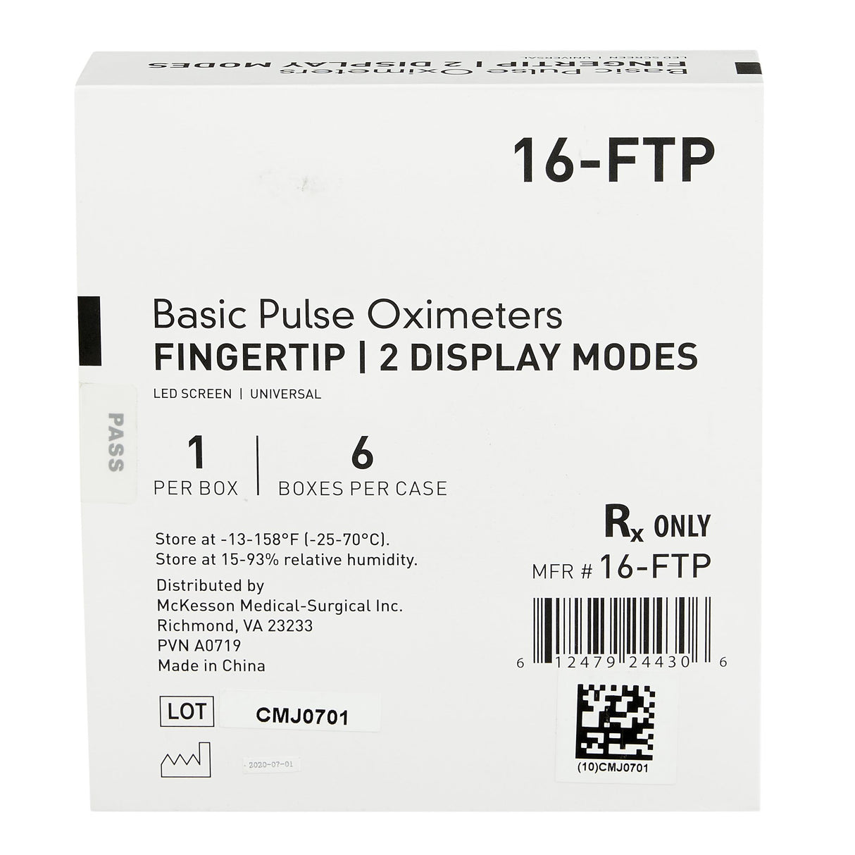 White box labeled McKesson Fingertip Pulse Oximeter, LED Display | Product details, barcode, lot number, and McKesson branding on the front for monitoring blood oxygen levels and pulse rate.