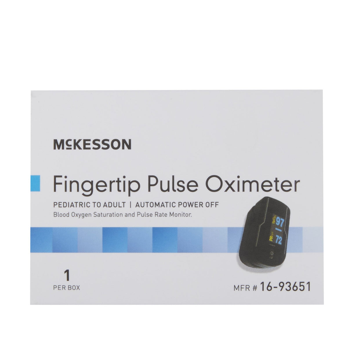Box labeled McKesson Fingertip Pulse Oximeter, OLED Display, by McKesson, with device image showing readings. For pediatric to adult use; measures SpO2 and pulse rate; features automatic power off.