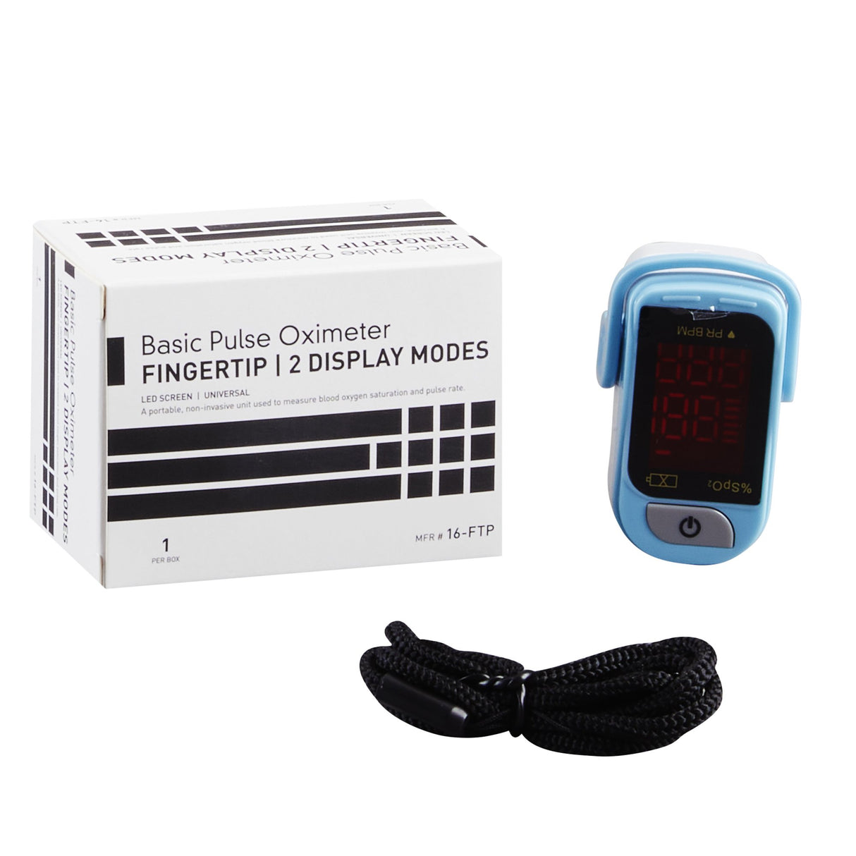 A McKesson Fingertip Pulse Oximeter with LED display in blue, featuring a black lanyard, is placed beside its white box labeled Basic Pulse Oximeter. The screen shows red digital readings for blood oxygen and pulse rate.