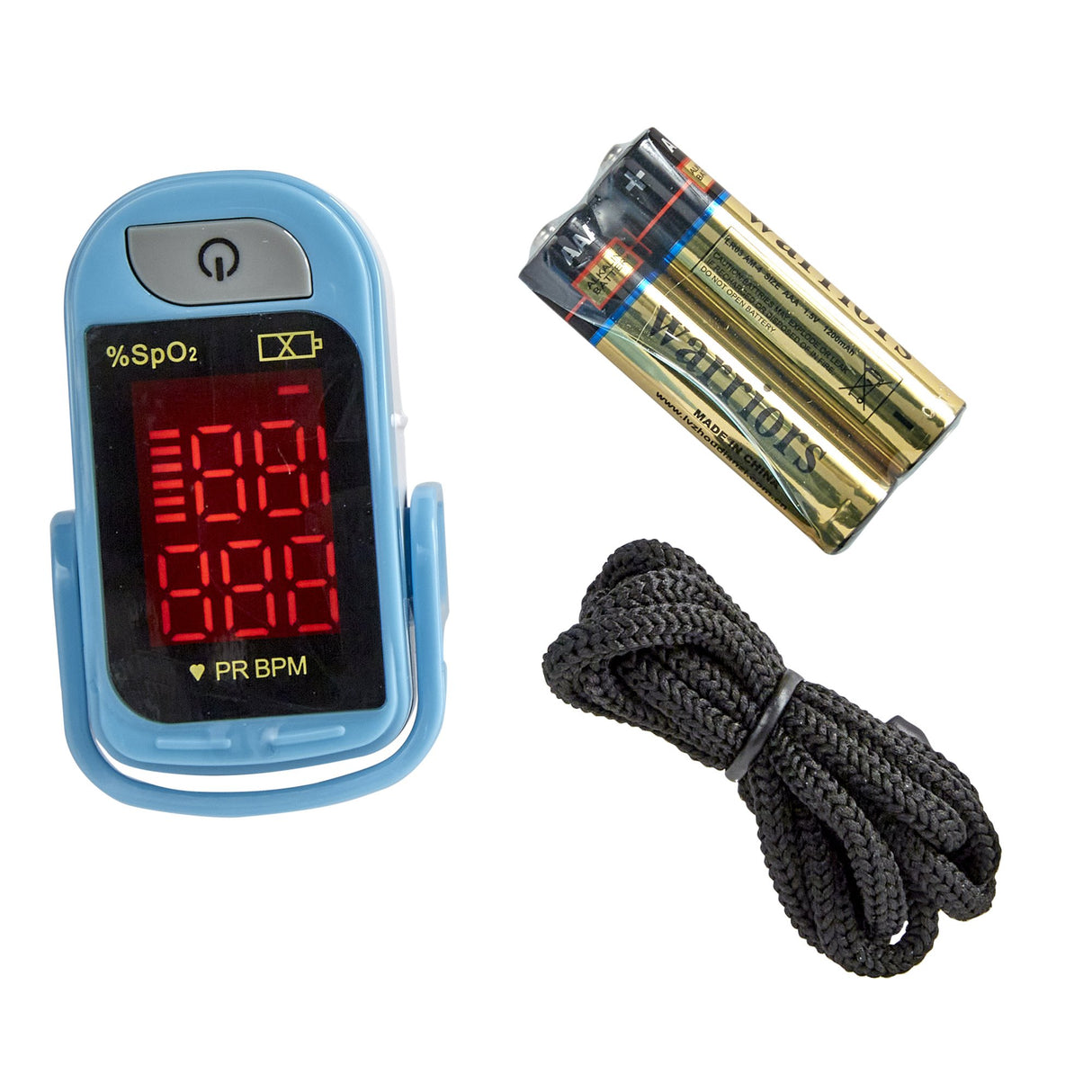 The McKesson Fingertip Pulse Oximeter with LED display shows pulse rate and blood oxygen levels. Includes two AA batteries and a coiled black lanyard, shown on a white background. Brand: McKesson.