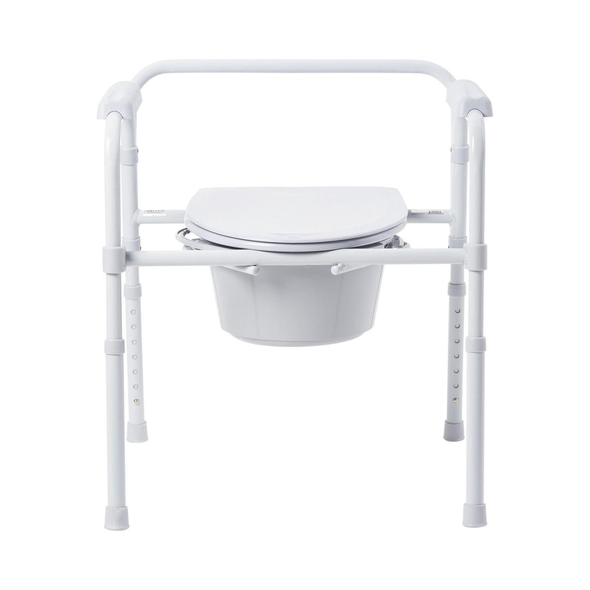 The McKesson Folding Commode Chair features a steel frame, fixed arms, adjustable legs, a toilet seat, and a removable bucket—ideal for bedside use or as a portable toilet. Brand: McKesson.