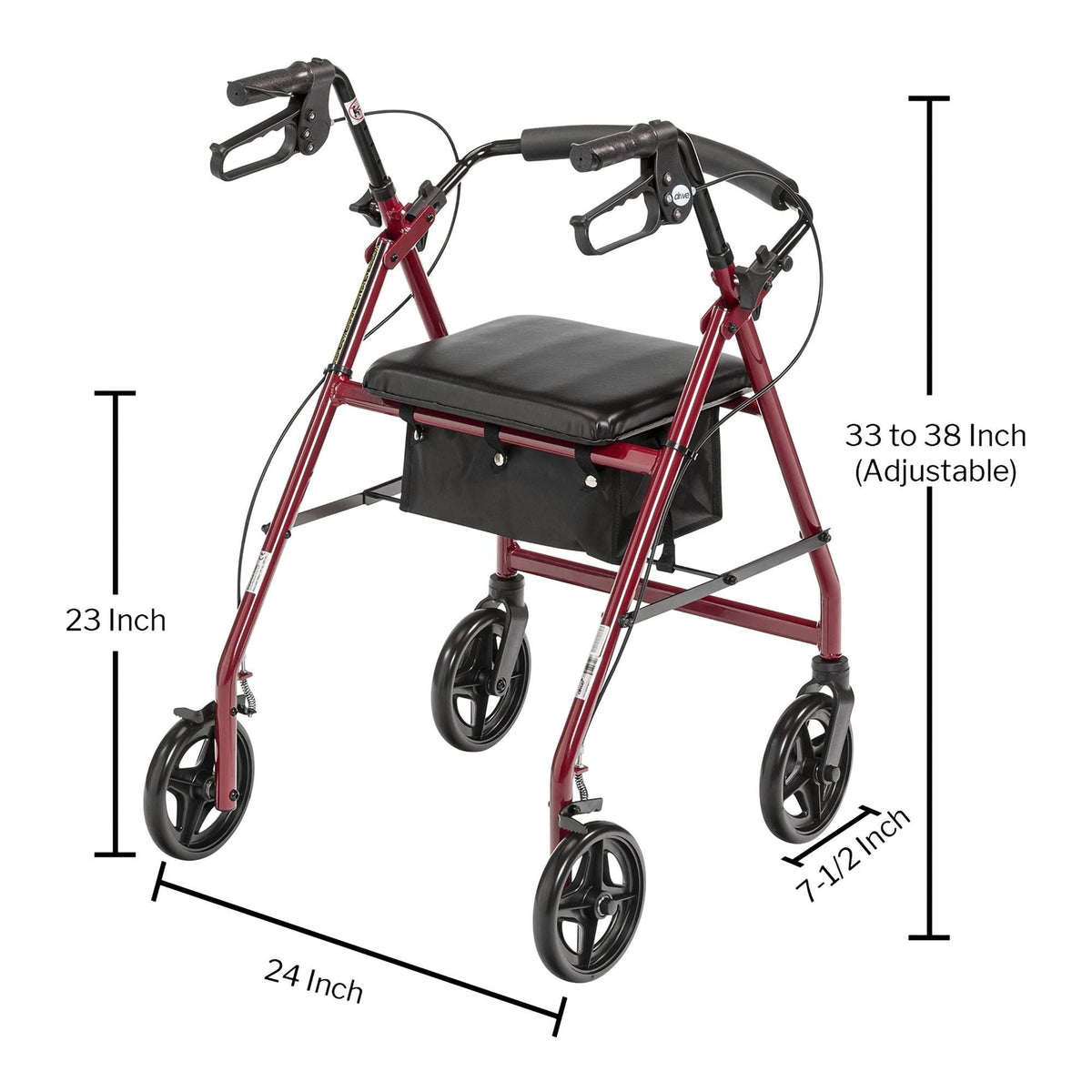 McKesson Four-Wheel Rollator, Red, Adjustable Height, Aluminum Frame - 146-R728RD-Case - LL Medico