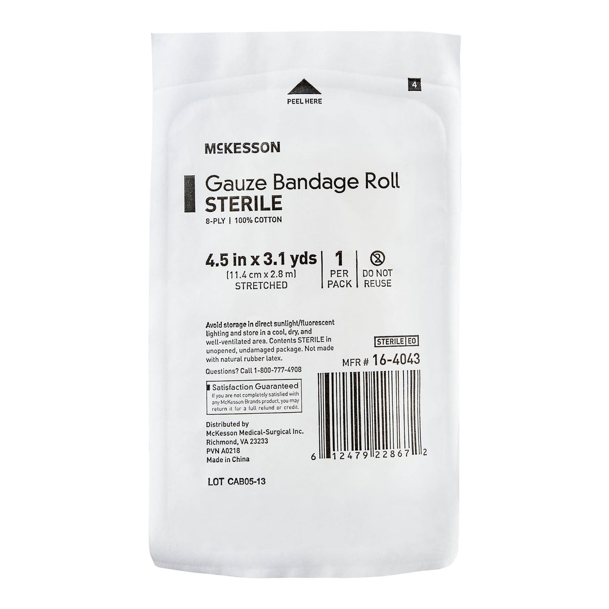 McKesson Gauze Bandage Roll Sterile 8-Ply, 4.5 In X 3.1 Yds - 16-4043-Single - LL Medico