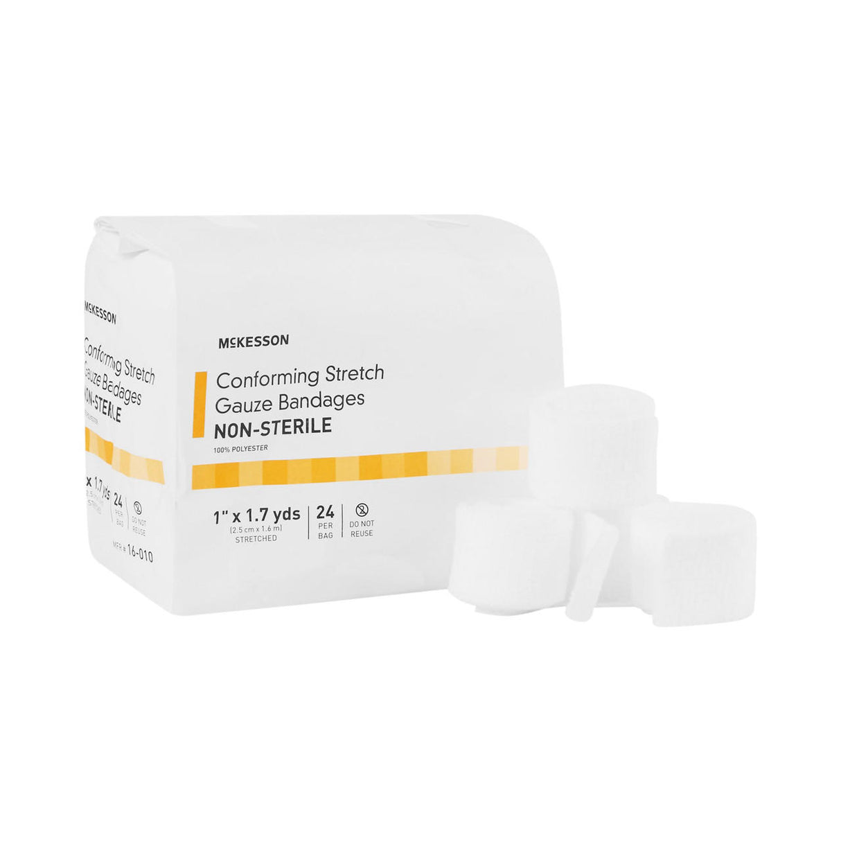 A white package labeled McKesson Gauze Conforming Bandage, 1 in x 1.7 yds Roll, Non-Sterile sits beside four rolled bandages, all designed for comfortable and flexible support. Brand: McKesson.