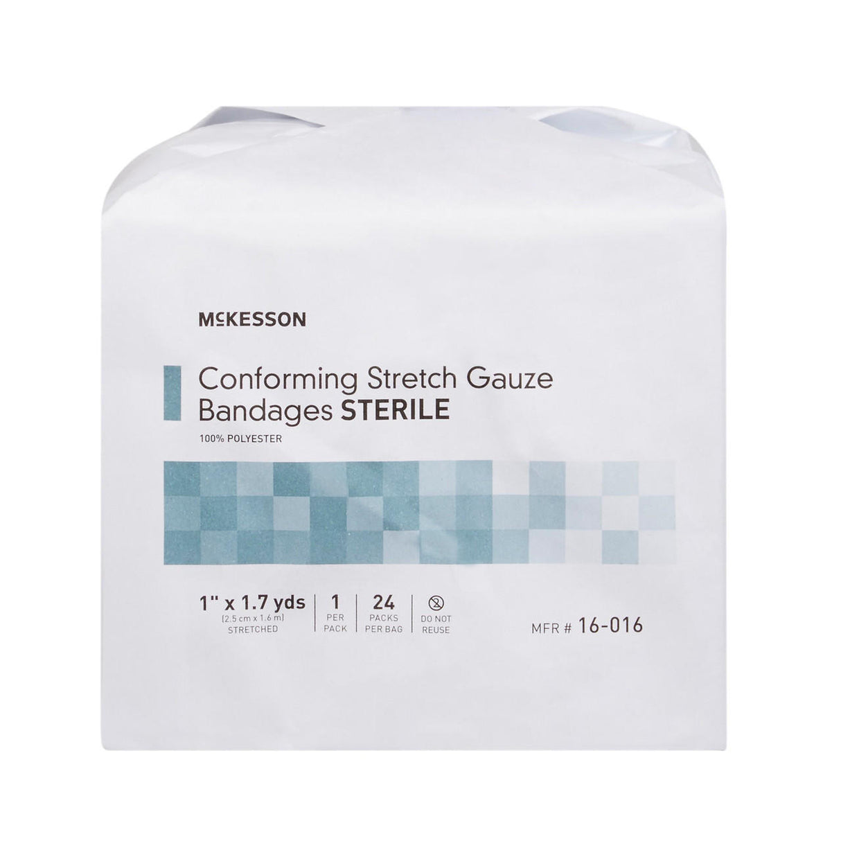 A sterile white package of McKesson Gauze Conforming Bandage, 1 in x 1.7 yds, contains 24 low-lint rolls per bag and features a blue square pattern on the front.