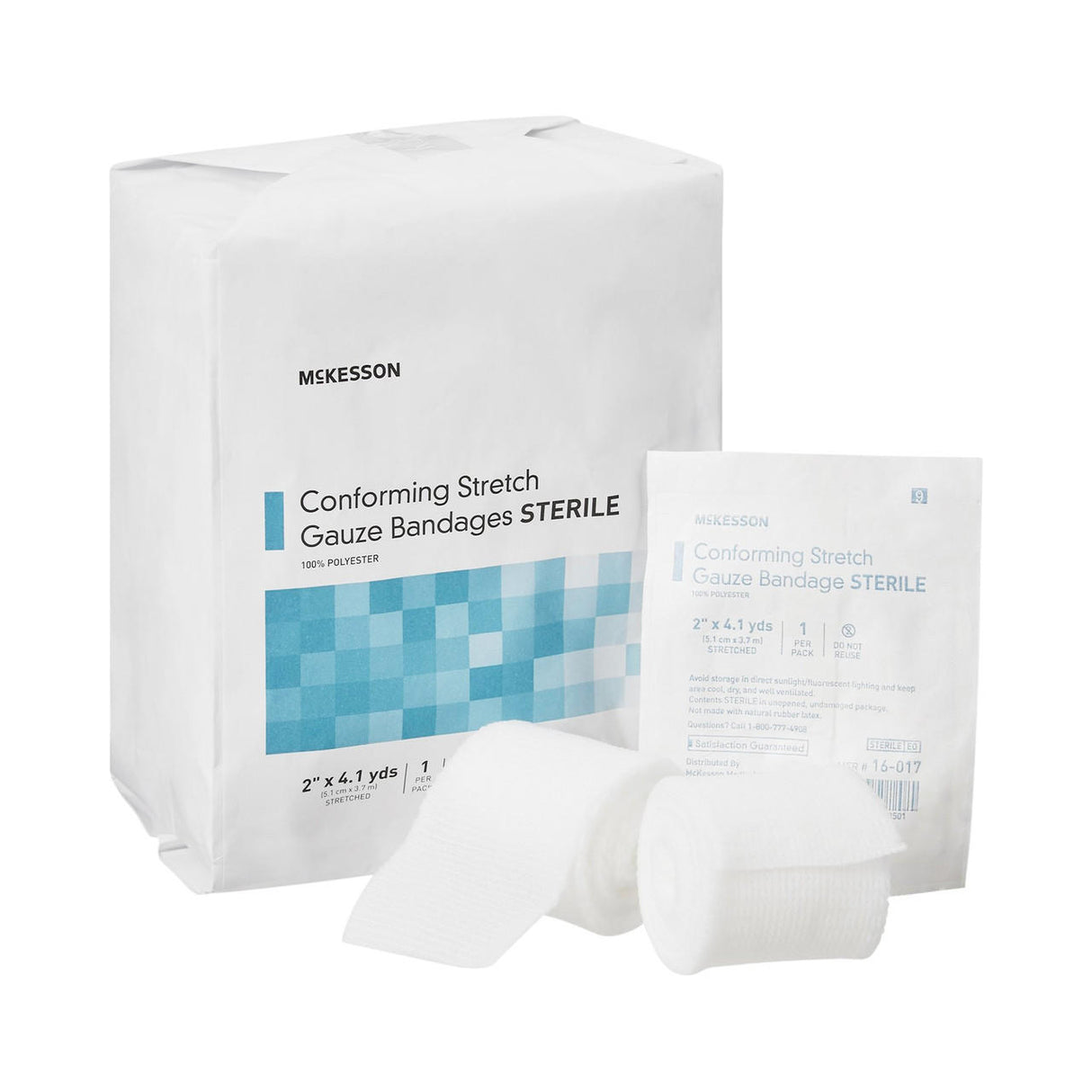 A package of McKesson Gauze Conforming Bandage, 2 in x 4.1 yds Sterile Roll, displays a low-lint medical wrap with one individually wrapped sterile bandage and an unwrapped white gauze roll in front of the package.