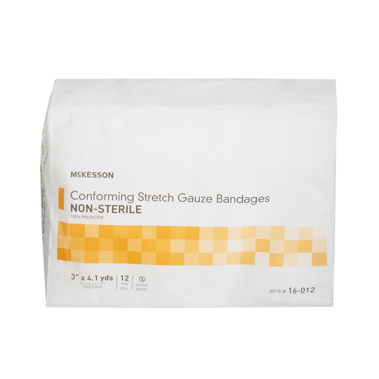 A white package labeled McKesson Gauze Conforming Bandage, Non-Sterile, 3 in x 4.1 yds, contains 12 polyester rolls with yellow checkered accents and key medical product details.