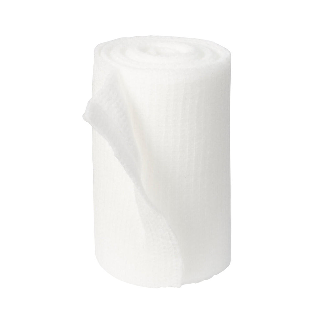 A McKesson Gauze Conforming Bandage, sterile 3 in x 4.1 yds roll, low-lint and slightly unrolled at the edge, is displayed on a plain white background.