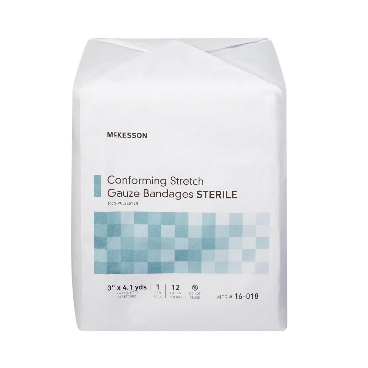 A white package of McKesson Gauze Conforming Bandage, 3 in x 4.1 yds roll, sterile. Contains 12 breathable, low-lint medical dressings made from 100% polyester. Brand: McKesson.