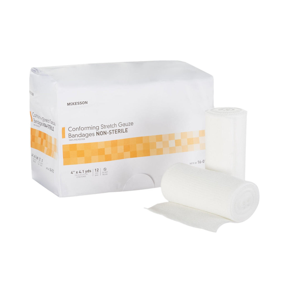 The McKesson Gauze Conforming Bandage, 4 in x 4.1 yds roll, non-sterile, is shown with two rolls—one upright and one partially unrolled—offering a secure, breathable wrap with low linting for wound care.